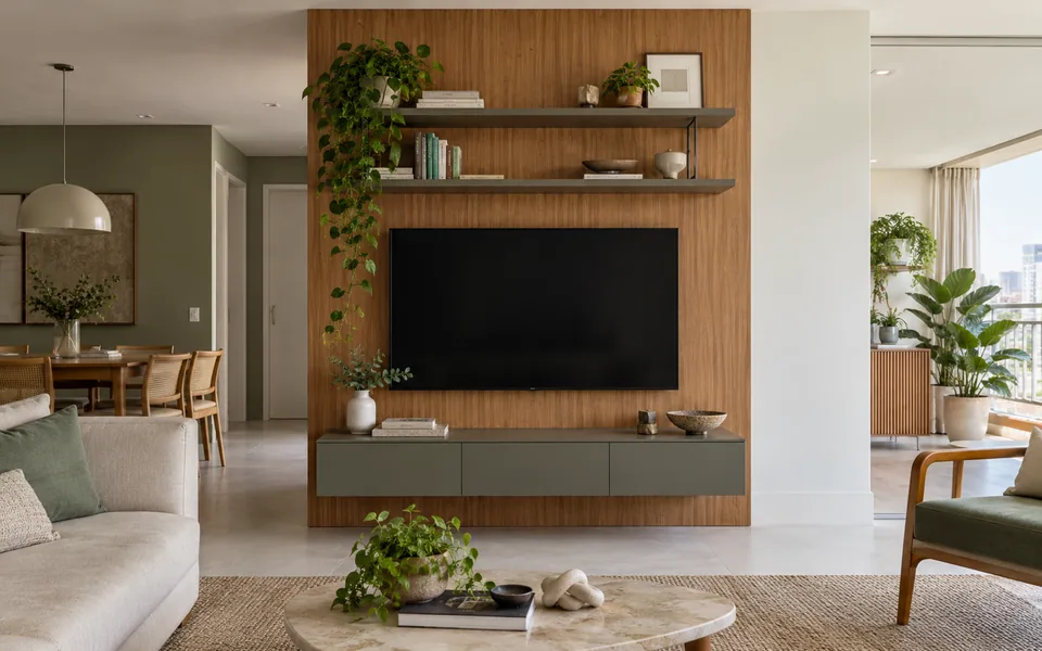 Sala integrada pronta, com painel de TV e estante até o teto.