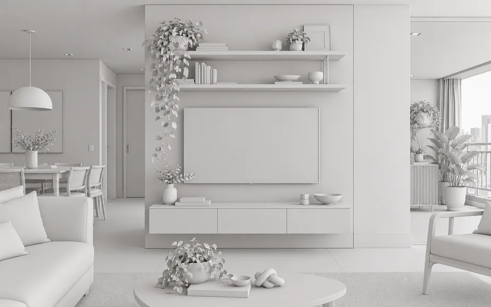 O mesmo ambiente como projeto 3D em volumes brancos e cinza claro, antes da produção.