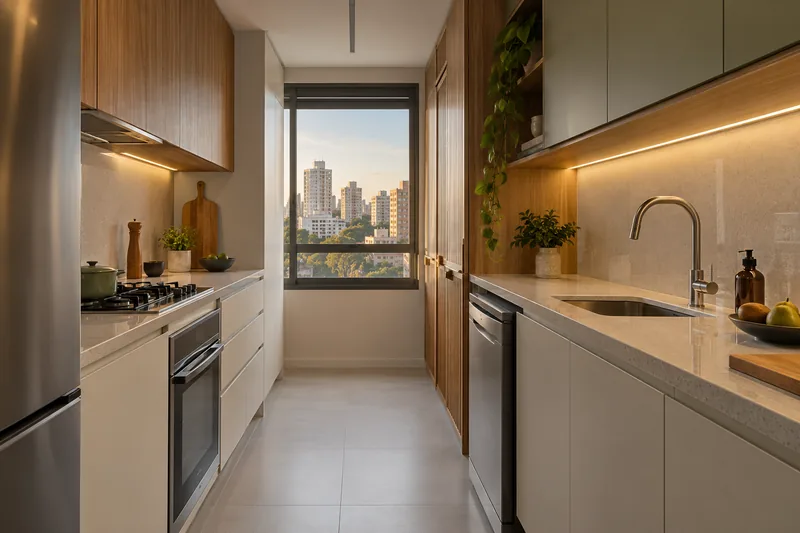 Cozinha estreita de apartamento.