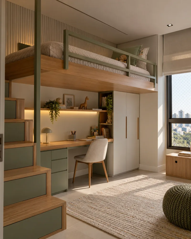 Quarto infantil com cama suspensa.